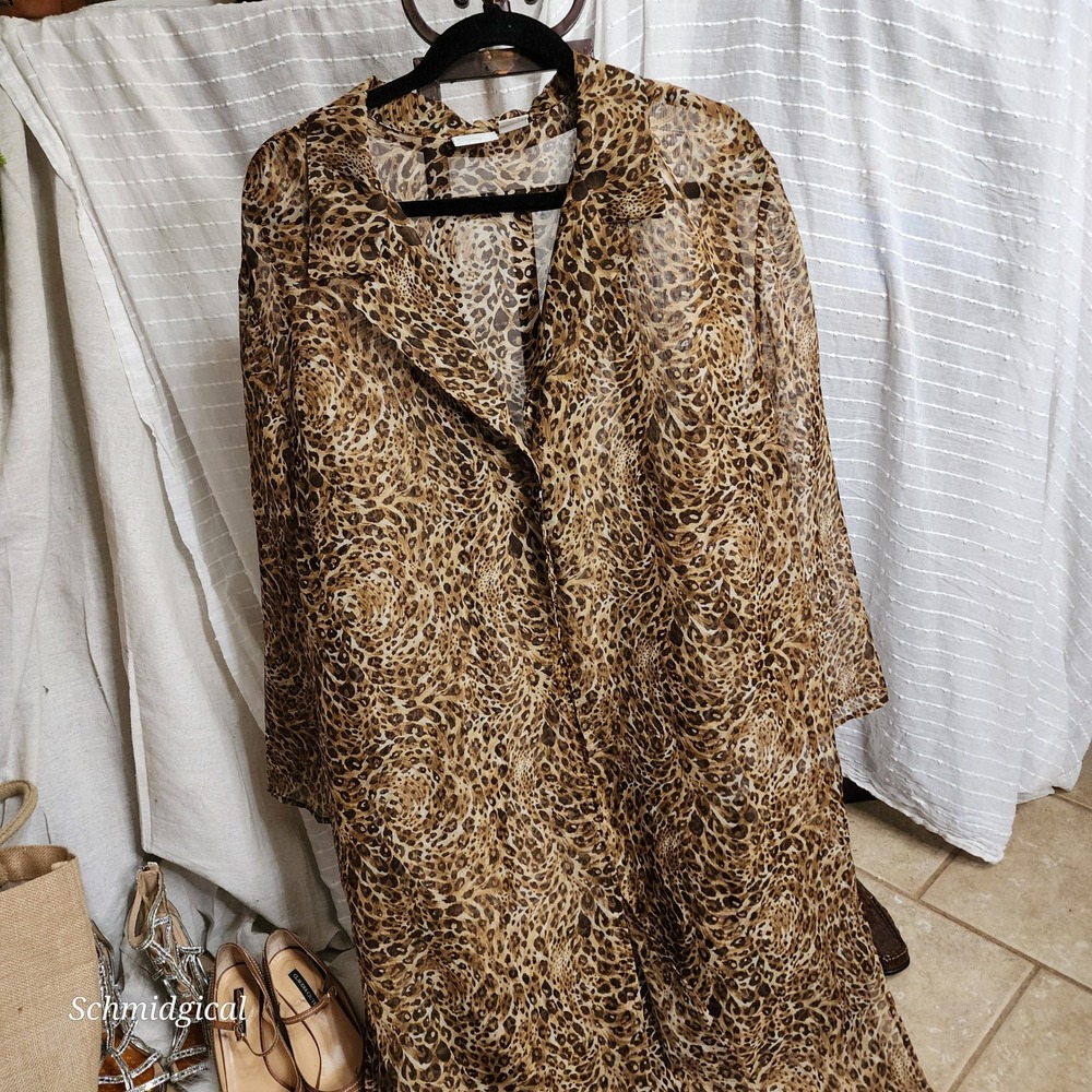 Studio C Plus Leopard Print Sheer Duster Kimono Cardigan Brown Size 20W 54" L